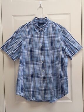 Ralph Lauren Gingham Plaid Seersucker Button Down Shirt XL Blue Preppy Summer